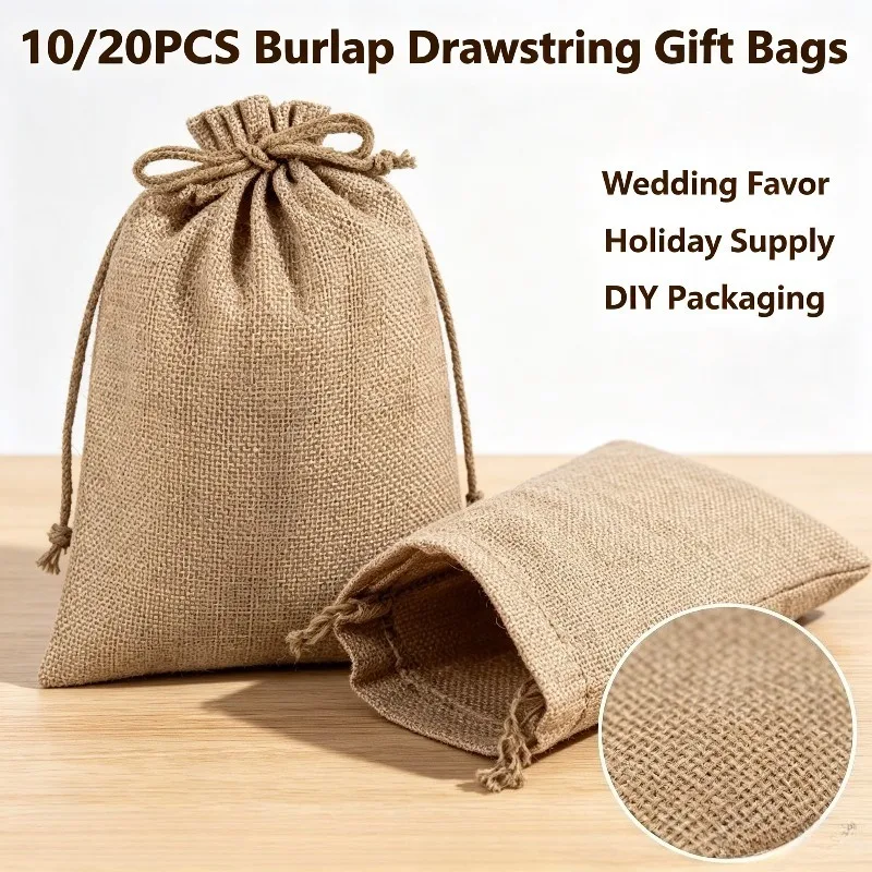10/20PCS Brown Drawstring Burlap Gift Bags Wedding Favor Pouches DIY Candy Jewelry Packaging Sacks Birthday Party Supplies