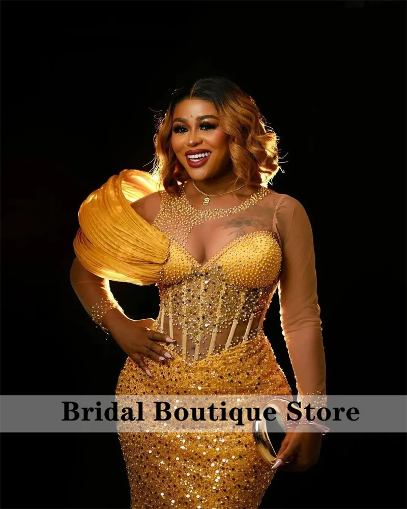 Sparkly Gold African Mermaid Evening Dress Elegant Crystal Beading Birthday Lace-Up Wedding Party Gowns Aso Ebi Customized