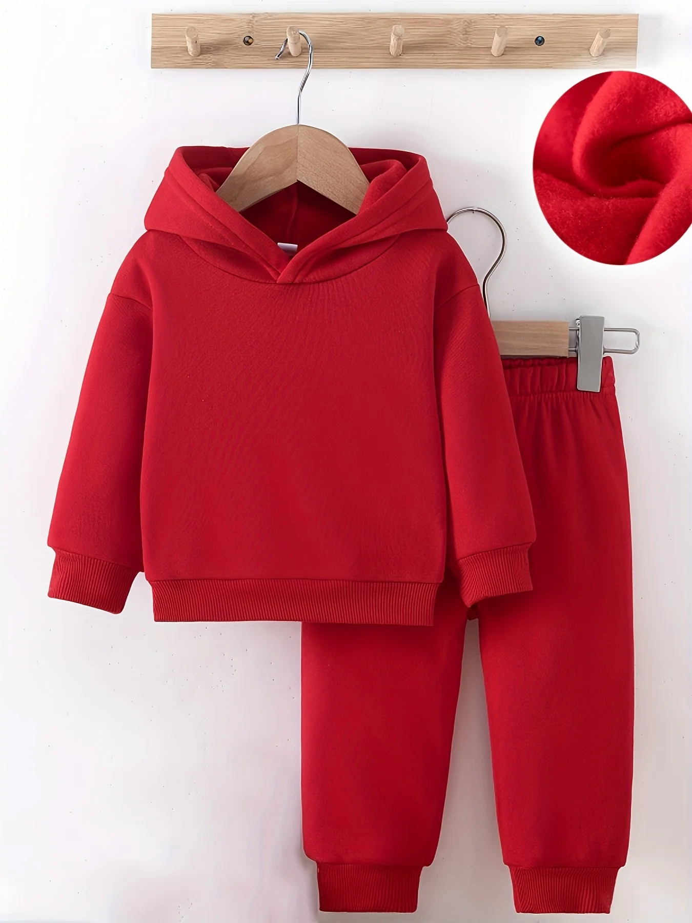 Fashionable Comfortable Red Solid Color Long Sleeve Fleece Hoodie for Baby Girls Boys Autumn Winter Sporty Loose Pants Set