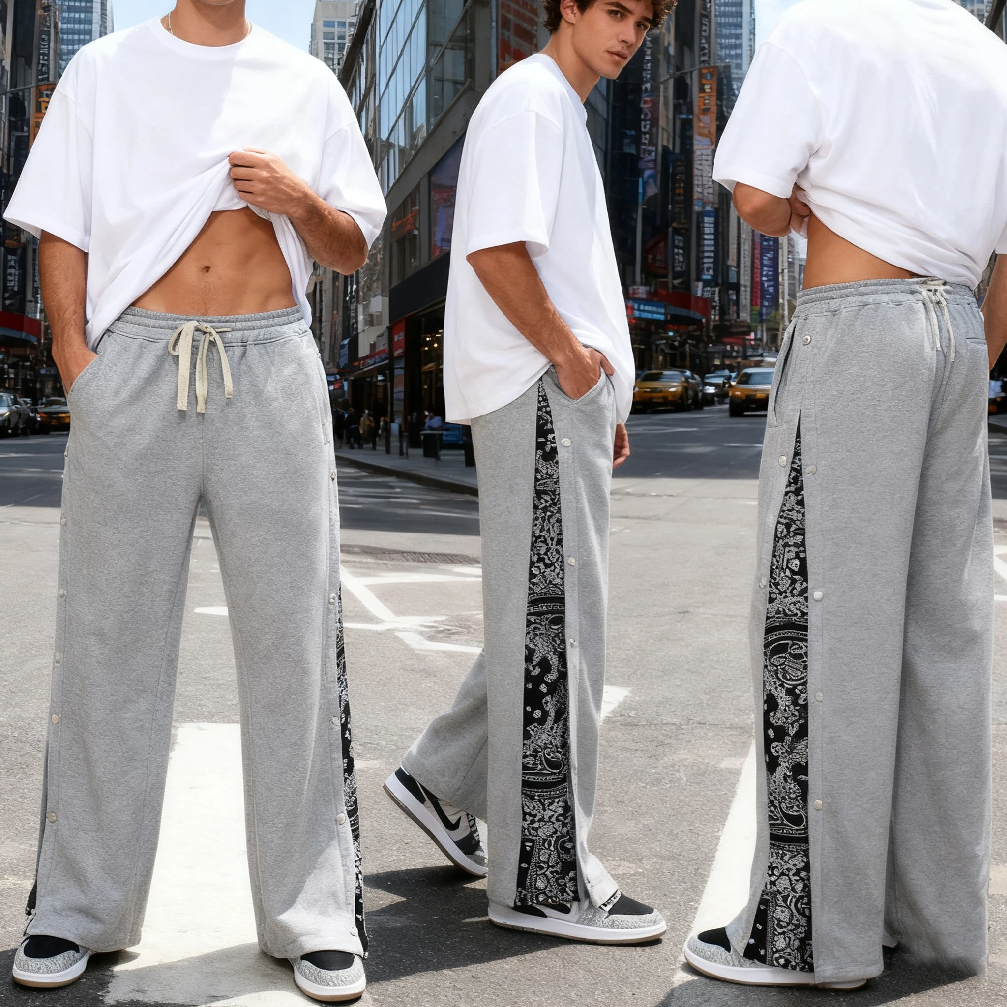 Pantaloni alla moda a gamba larga con petto laterale a fiori di anacardi High Street Style Pantaloni sportivi casual larghi oversize fino al pavimento
