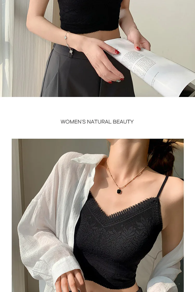 Die neue Damen-Spitzenweste mit nahtlosem kleinen Neckholder, Wickelbrust, nahtlose Unterwäsche, eine Tasse, rutschfester BH, Y2k-Top, Tank-Top, Neckholder – Detail 20