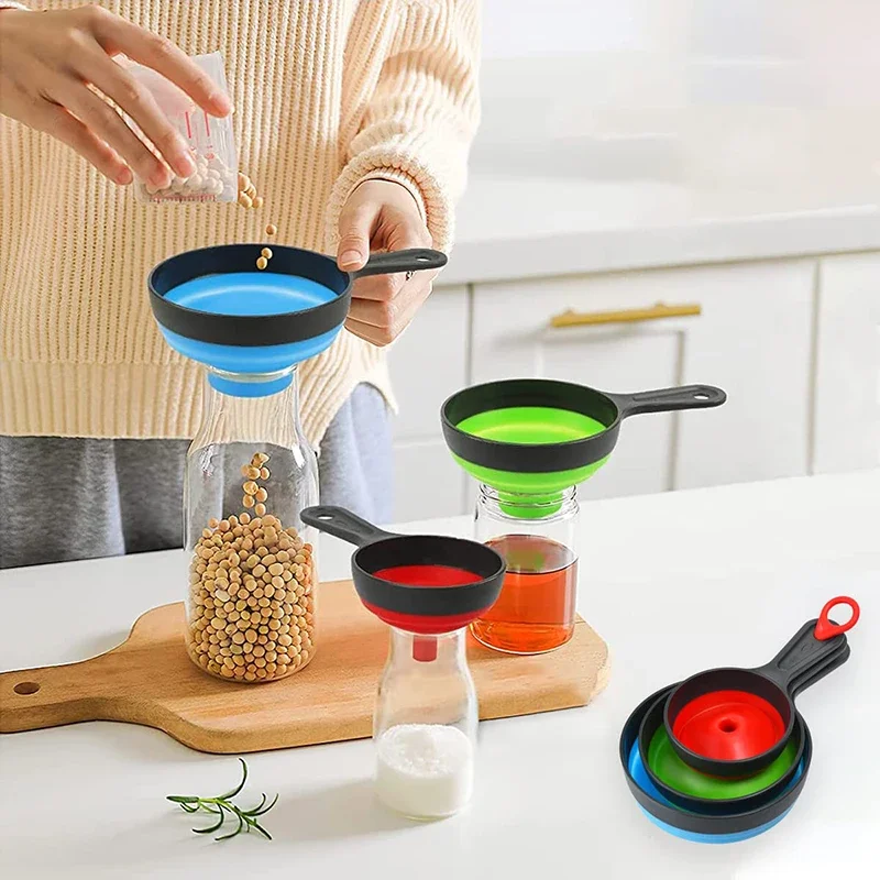 3Pcs/Set 3 Size Silicone Collapsible Funnels, Food Grade Telescopic Funnel for Kitchen, Wide Mouth Liquid Powder Jam Funnel