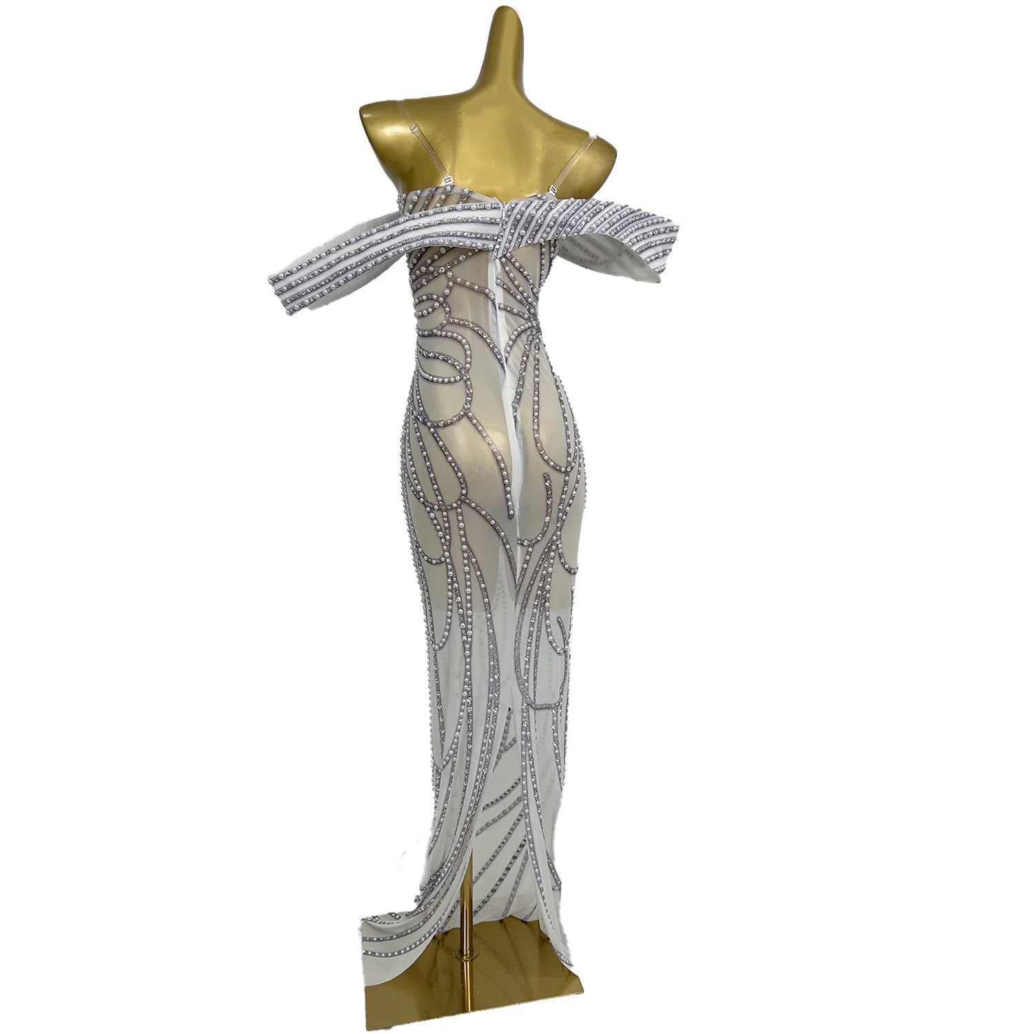 Luksusowa sukienka z długiej, przezroczystej siateczki, zdobiona cyrkoniami i perłami, dla kobiet, couture, seksowna, na studniówkę, urodziny, wieczór, sesję zdjęciową, styl Moli.