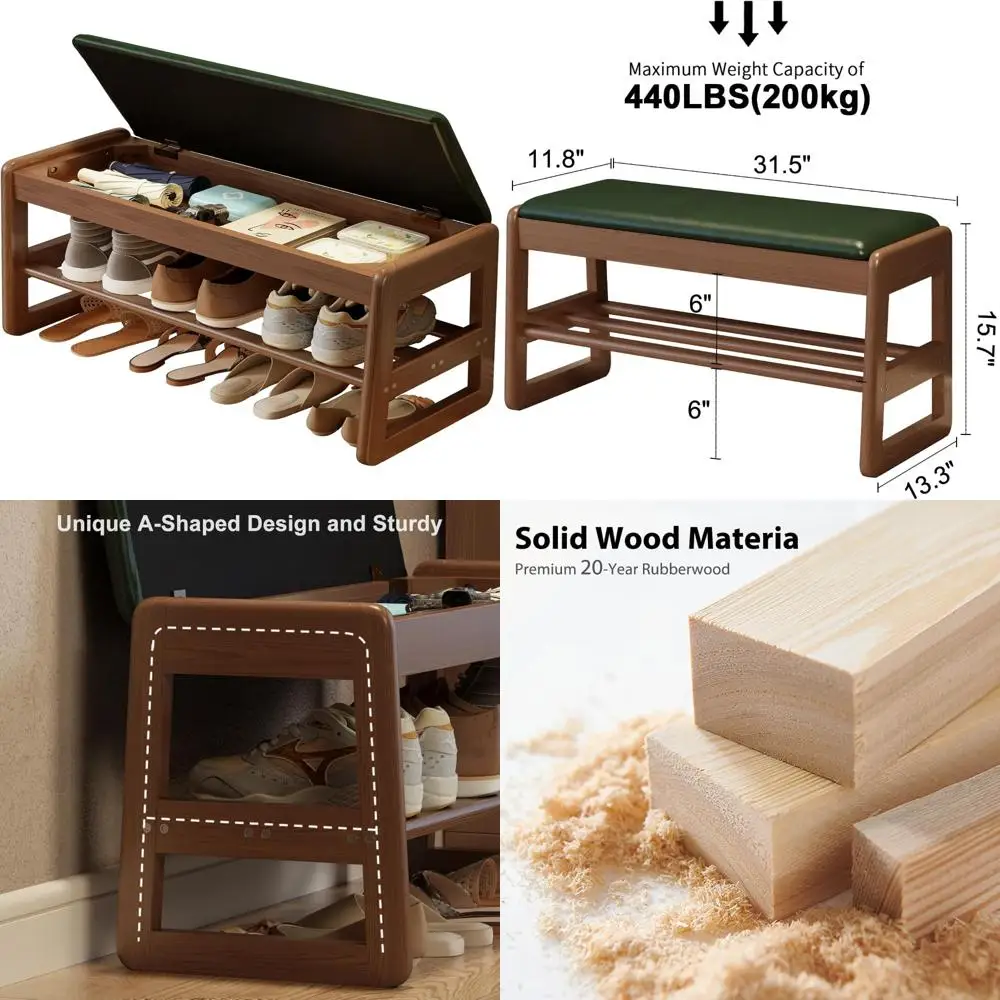 

Green Leather Cushioned 2-Tier Shoe Rack Bench with Flip-Top Storage for Entryway and Hallway (31.5 Inches)