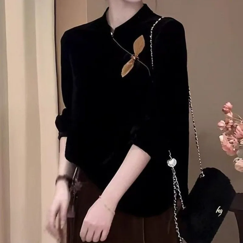 Women Chinese Style Velvet Long Sleeve Top Spring Autumn Loose Slim High Grade Lady Blouse