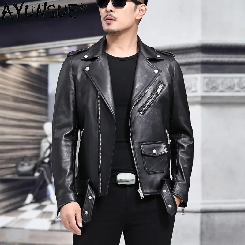 

AYUNSUE Winter Genuine Leather Jacket Men Casual Sheepskin Leather Coat Male Short Black Leather Jackets Chaquetas Hombre SQQ713