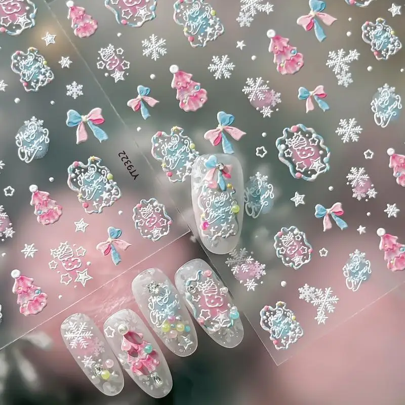 Winter Snowflake Pink Blue Bowknot Pretty Pine Snow Field Doodle Ice Crystal Socks Star Adhesive Nail Art Sticker Manicure Deca