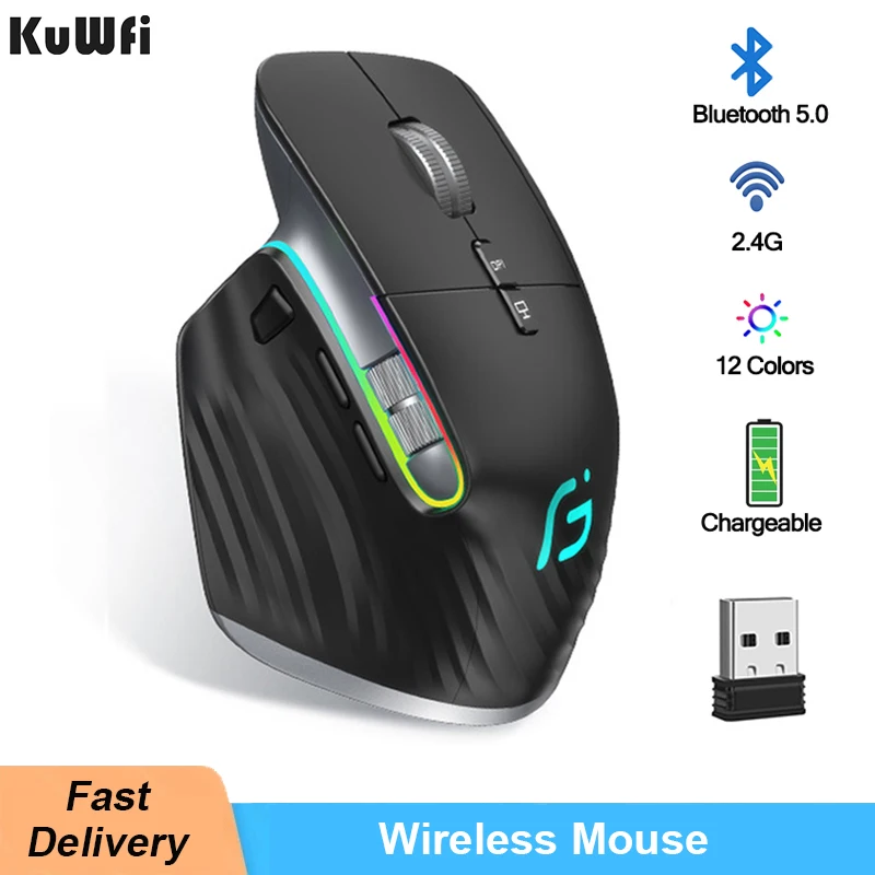 KuWFi Wireless Mouse Bluetooth5.0+2.4GHz Dual Mode USB Gaming Mouse Ergonomic Rechargeable Silent  Vertical Mice for Computer