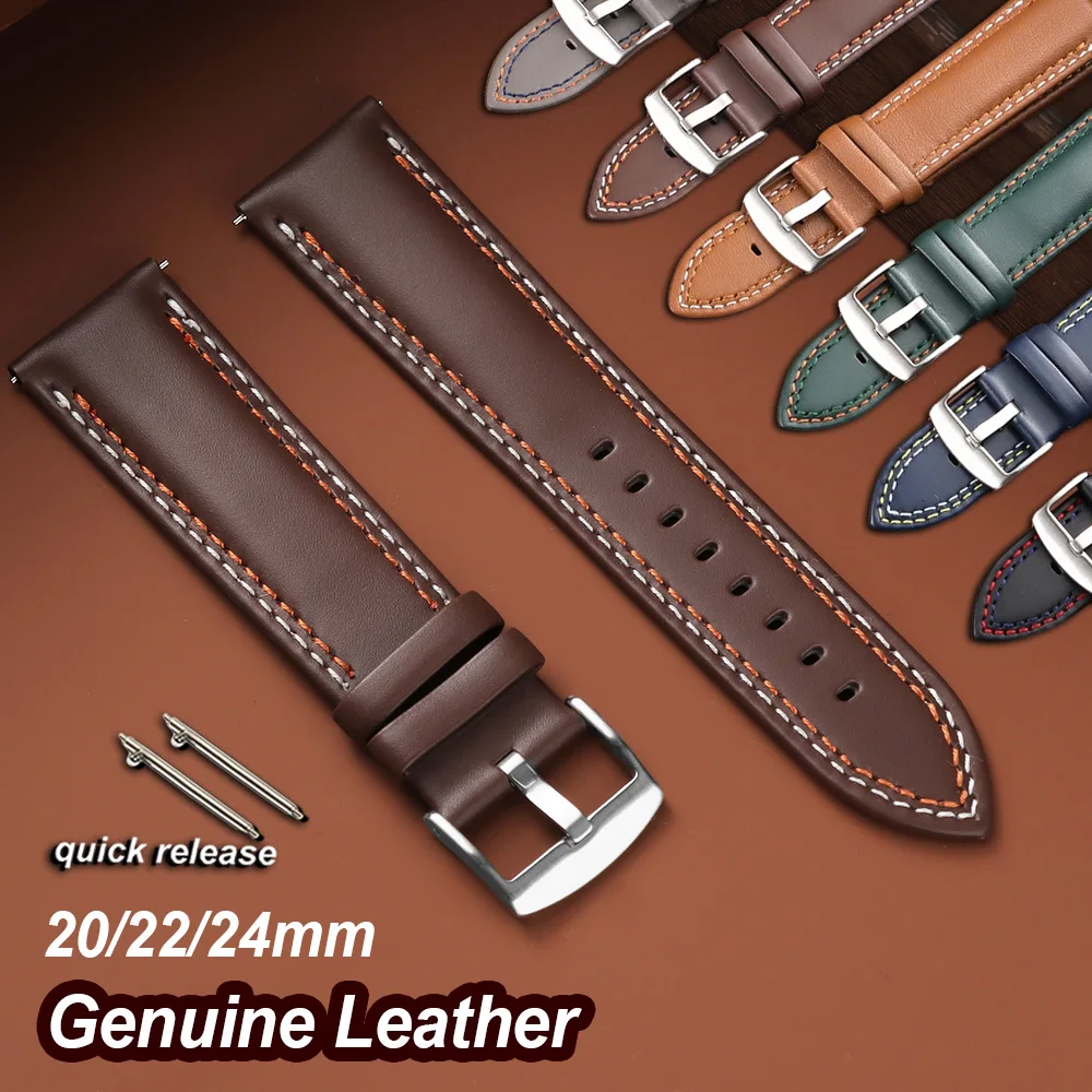 

WatchBand 20mm 22mm 24mm Vintage Brown Black Polished Cowhide Quick Release Stitching Watch Strap Men Bracelet Watch Accessories