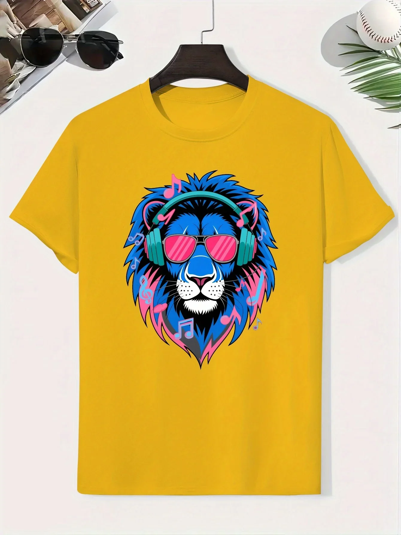 Colorful Music Note Surrounded Cool Lion Head Graphic Black Short Sleeve Top Hip Hop Animal Music Lover Casual Daily Tee