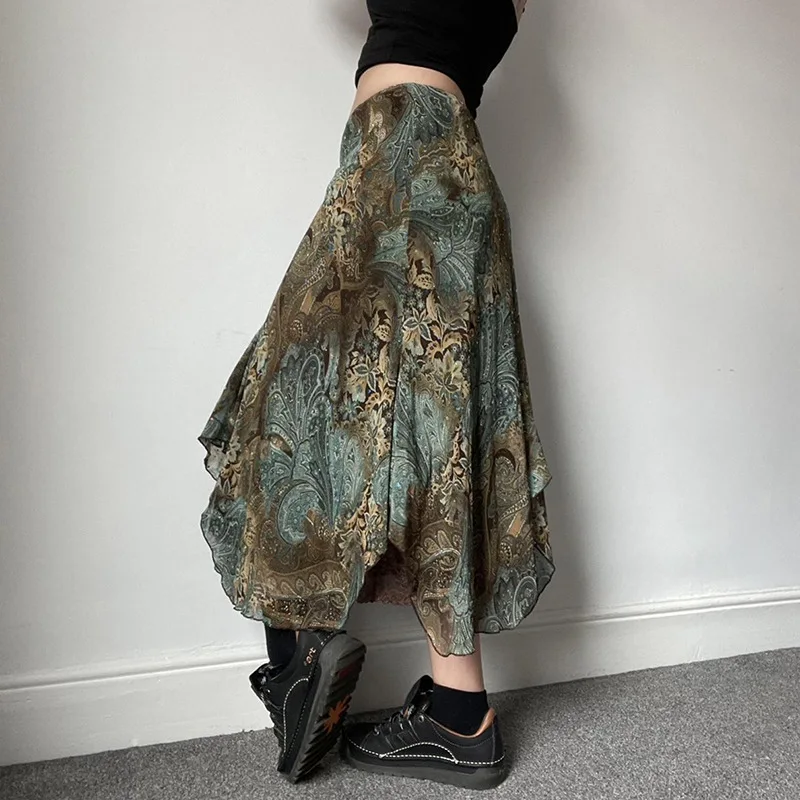 SKMY الفرنسية موضة جديدة مطبوعة الغابات نمط الدانتيل التنانير الفتيات الحلو التخسيس عالية الخصر النساء الملابس التنانير الطويلة 2025 الصيف #2