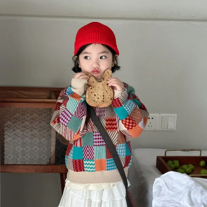 

Sweater for Girls Autumn Winter Colorful Plaid Round Neck Knit Sweater Pullover Outdoor Clothes for Children