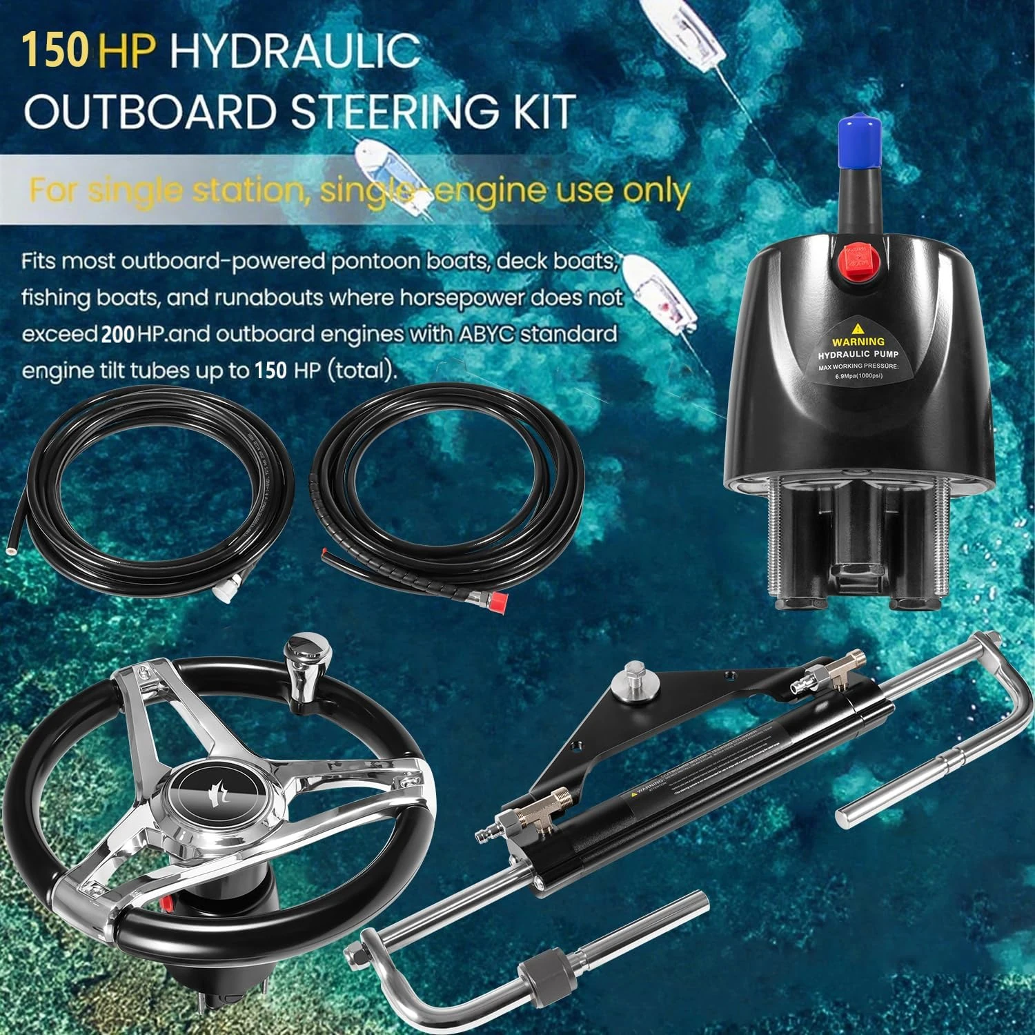 Outboard 150HP Hydraulic Steering Kit with Steering Wheel - for Single Station, Single-Engine use Built-in Two-Way Lock Cylinder