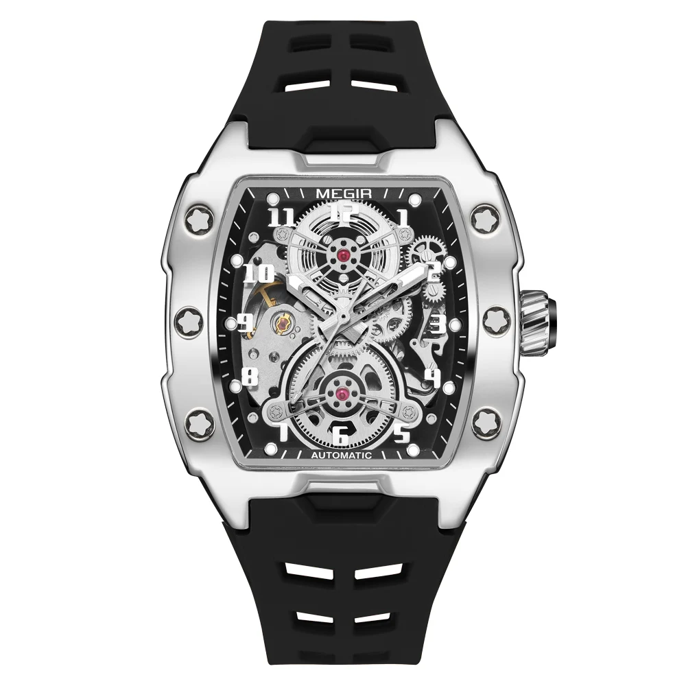 MEGIR Fashion Sport Custodia in lega da uomo Orologio meccanico Cinturino in silicone impermeabile Quadrante a forma di botte Puntatore luminoso Orologi da polso da uomo