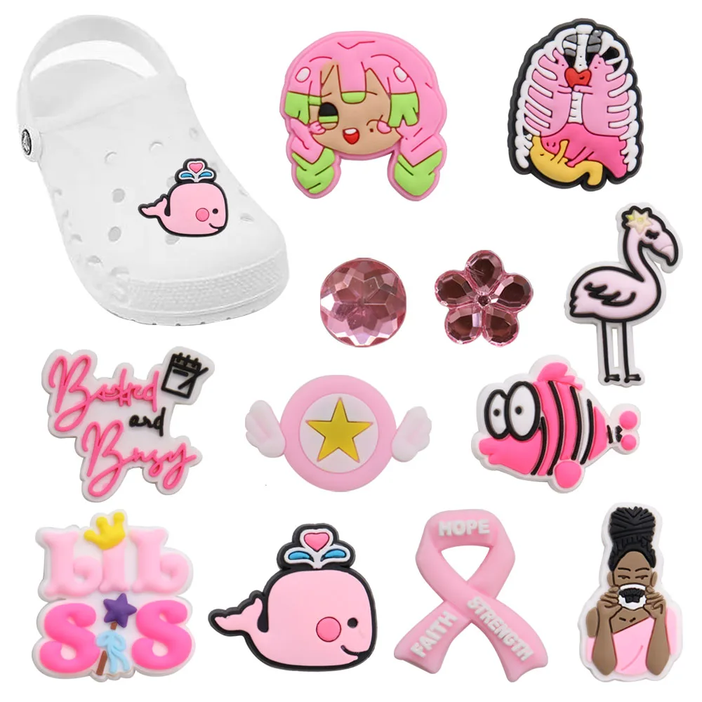 1-12Pcs PVC Pink Series Flamingo Dolphin Kids Shoe Decoration Fish Shoe Charms Buckle Clog Fit DIYcute Holiday Gift