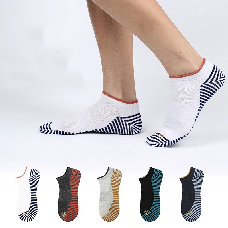 

5 pairs of summer men's shallow thin antibacterial socks mesh breathable men's socks striped anti-odor boat socks cotton socks