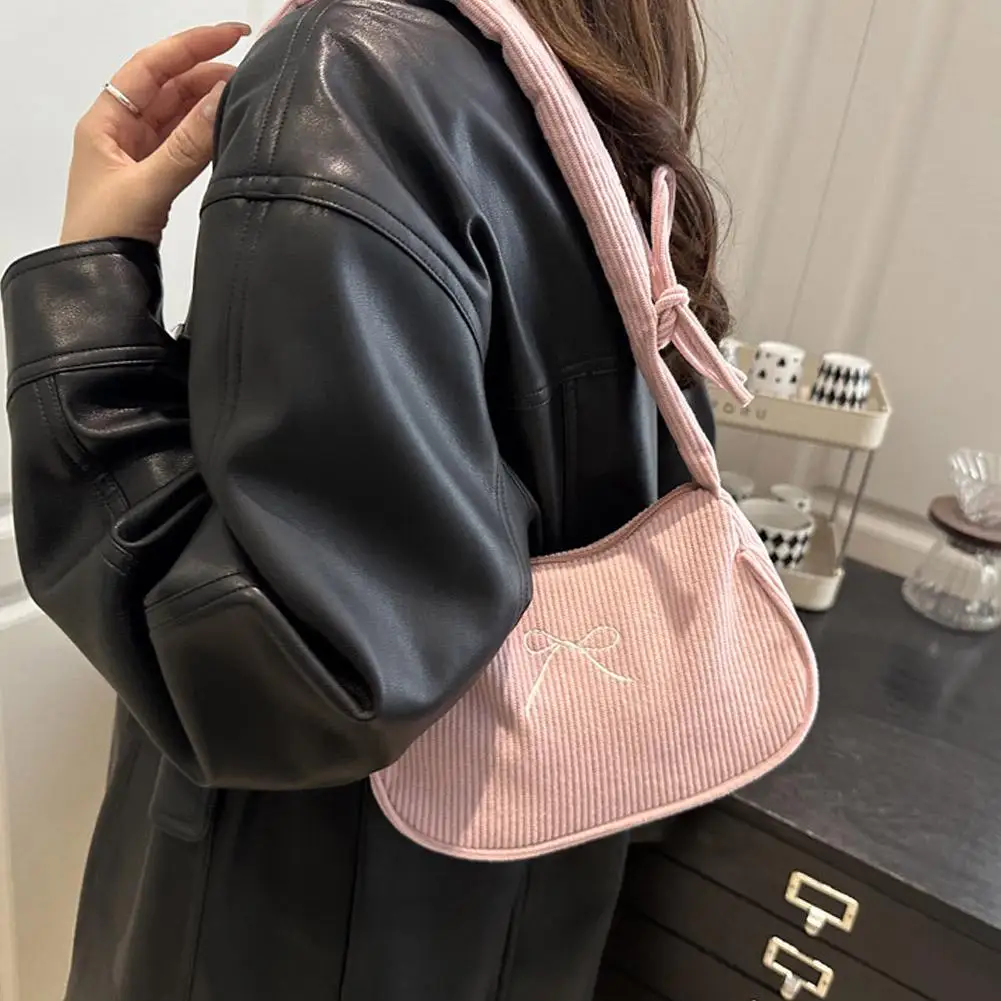 Korean Bowknot Corduroy Shoulder Bag Women Vintage Ruched Strap Crossbody Bags Trendy Y2K Underarm Handbag Ladies Purse
