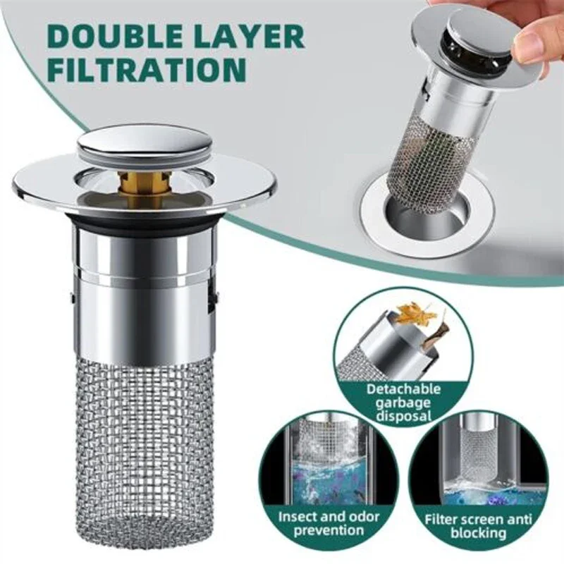 1pc Pop Up Sink Drain Strainer Bathroom Washbasin Stainless Steel Anti-odor Anti-blocking Filter Screen Sewer Shower Sink Filter