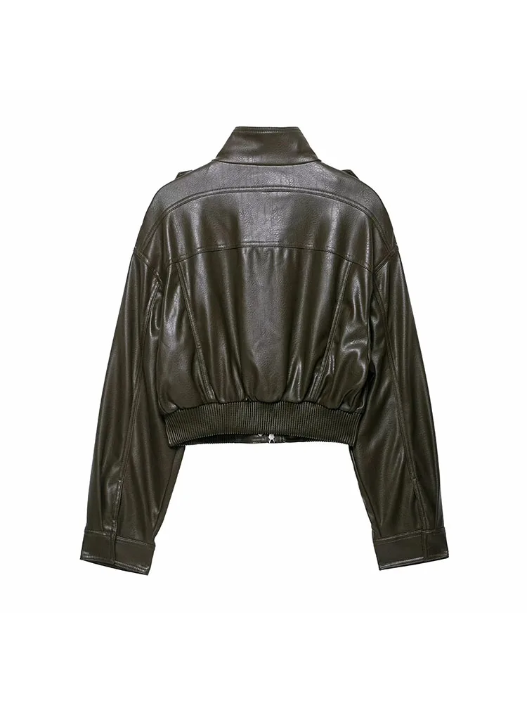 Women 2025 Autumn Winter New Vintage Zippers Short Leather Jackets Women Casual Lapel Button Pockets Full Sleeve Coat Streetwear