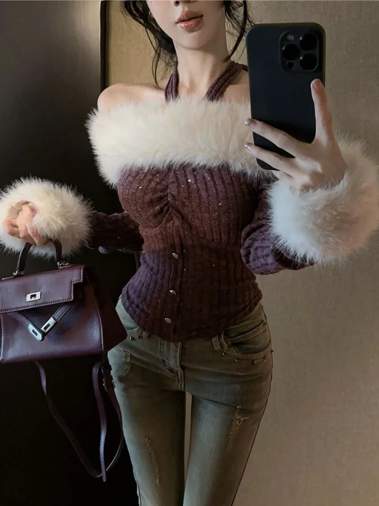 Casual and stylish off-shoulder halter neck knit sweater with fur collar, slimming and perfect for layering under T-shirts.