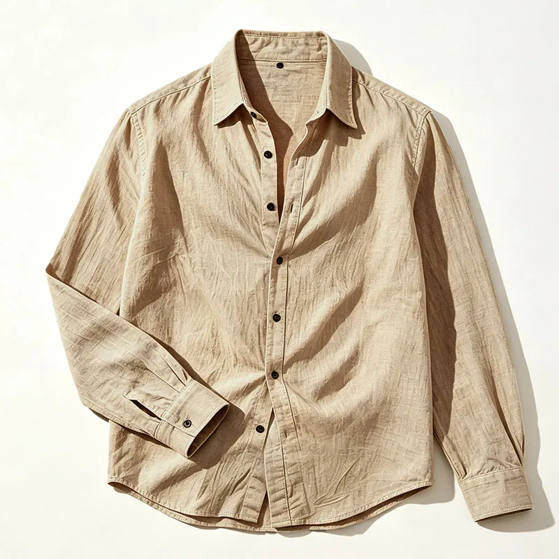 Herren-Leinenhemd für Frühling und Herbst, lässiges Langarmhemd mit Knöpfen, lockerer Schnitt, strukturierte Oberseite, leichtes Resort-Outfit für Herren – Detail 18