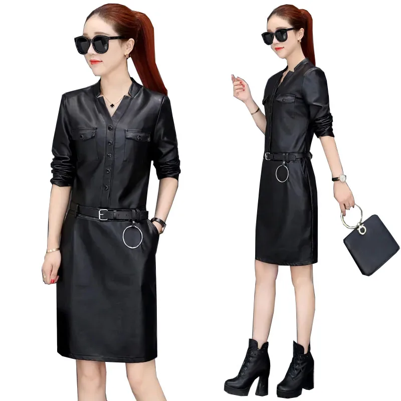 Women PU Leather Dress Female V-neck Mini Dresses 2022 Autumn Winter New Long Sleeve NO Velvet/Add Velvet Leather Vestidos 5XL