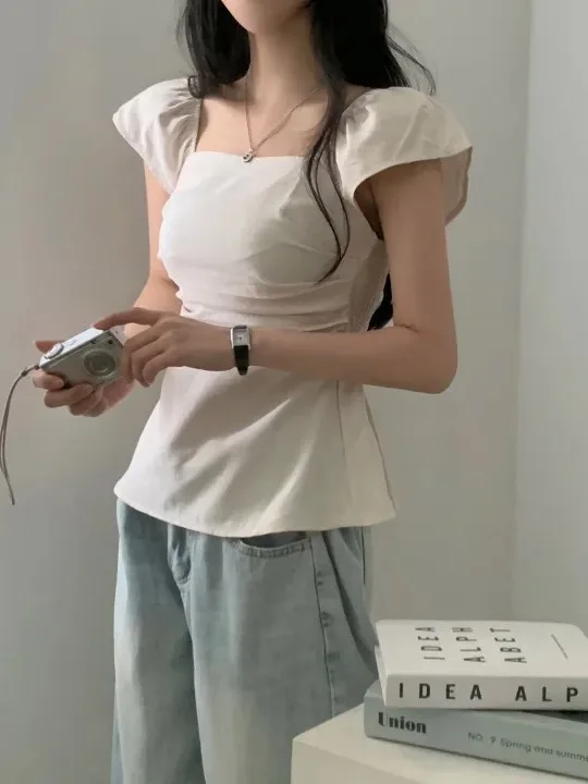 

Retro Square Collar Waist Cinching Belted irt Women's Summer New Design Sensual Pure Desire Sle Slimming Top