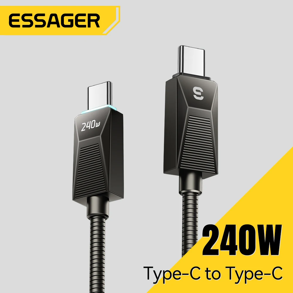 Кабель Essager 240 Вт для сверхбыстрой зарядки Type-C, 100 Вт, провод для быстрой зарядки данных из нержавеющей стали, 5 А, для Macbook iPad iPone 16 15 Pro Max