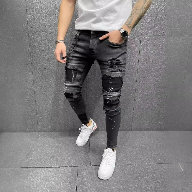 

Denim Pant Men Jeans Vintage Pencil Pants High Waist Distressed Hole Patchwork Sheath Trousers Y2k Streetwear Splice Casual 2026
