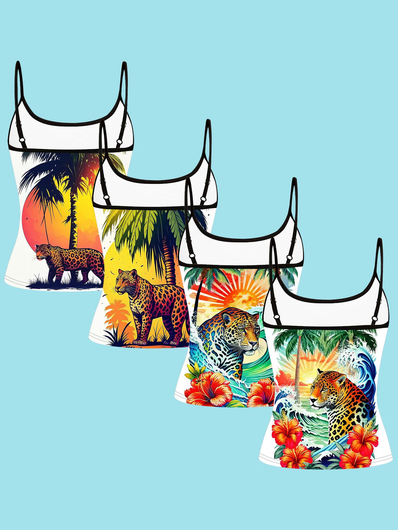 4-Piece Set of Women's Tropical Jaguar and Coconut Tree Sunset Print Spaghetti Strap Camisole Slim-Fit Base Layer Tops