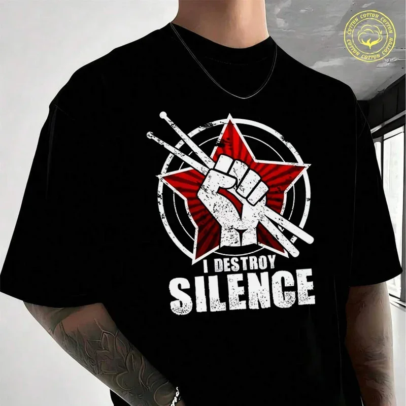 

I Destroy Silence - Funny Vintage Drums Drummer Gift Leisure Men's Moto Casual T-Shirt Street Style Travel And Sports Tee