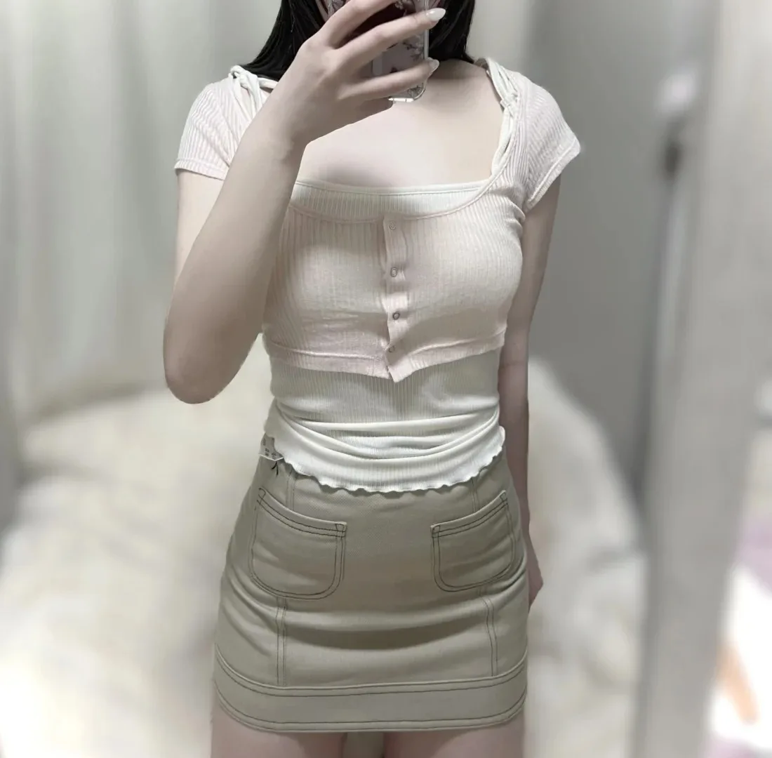 

Kuzuwata New Sweet Fold Through Half Sleeve Set Cardigan Simple Solid Slim Sling Japan Fresh Casual Patchwork Minority Suit Top