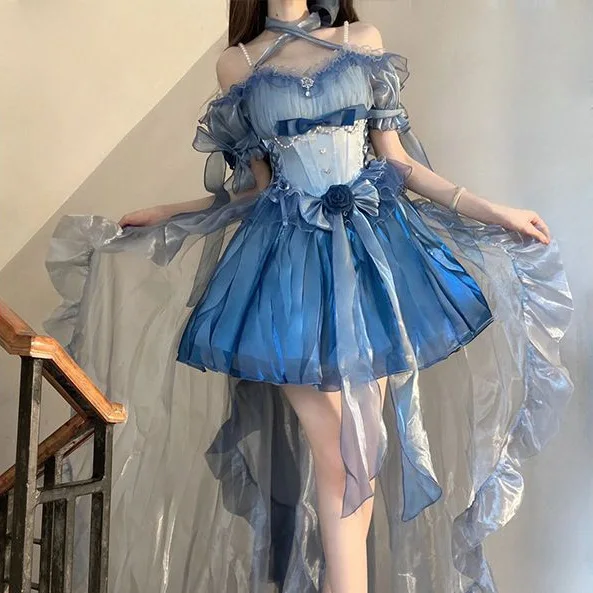 Blue Flower Wedding Lolita Dress Light Lo on the Run Elegant Big Lady Beautiful Puff Short Skirt