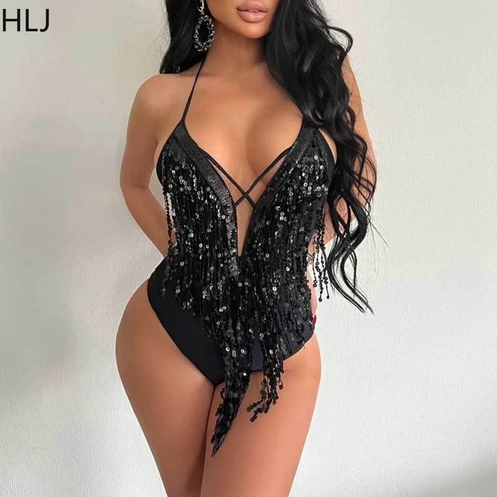 

HLJ Black Sexy Deep V Sequin Tassels Party Nightclub Bodysuits Women Halter Sleveless Backeless Bodycon Rompers Fashion Overalls