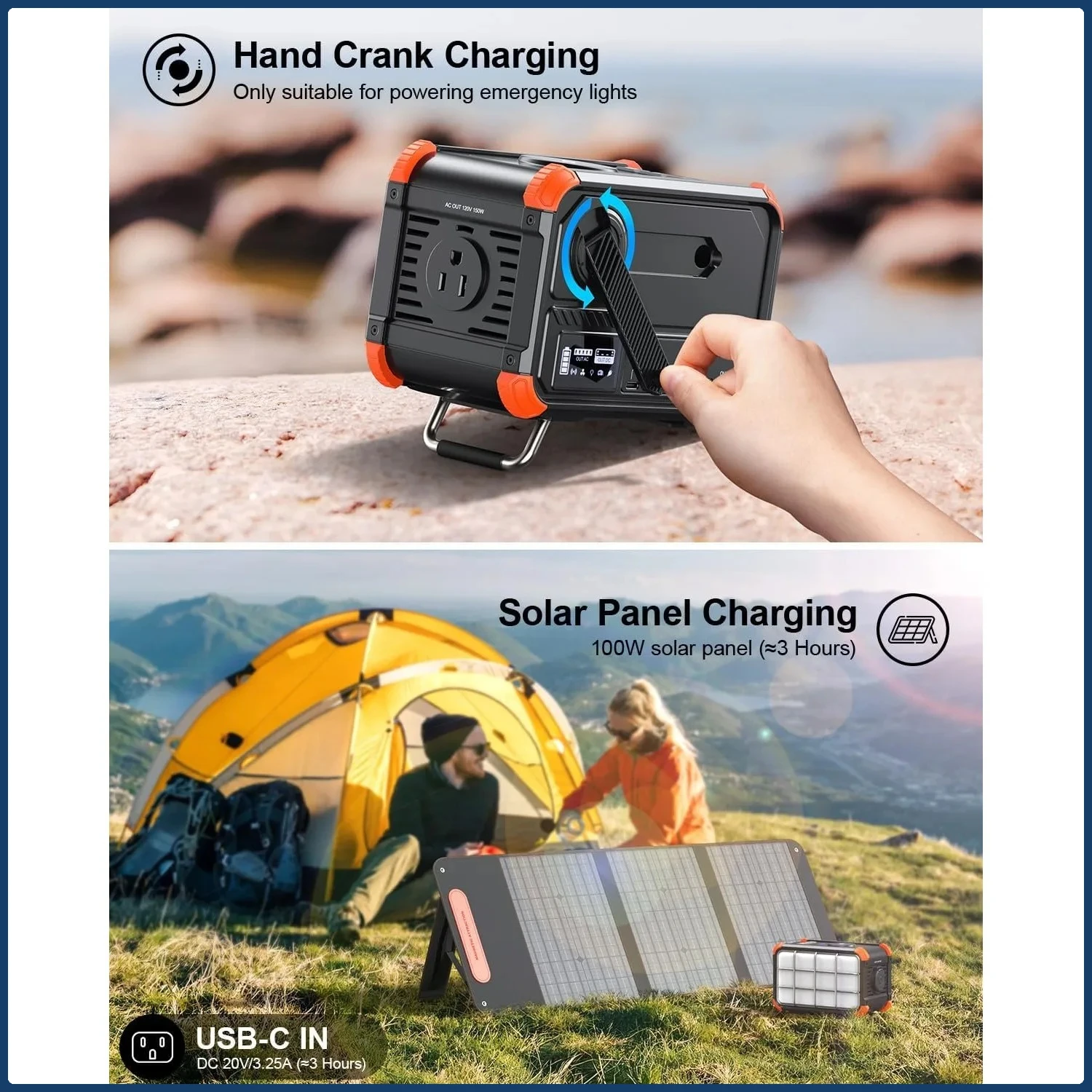 Portable Power Station 153Wh, Solar Generator with Hand Crank and AC Outlet, Wireless Charging, for Camping and Emergency Backup