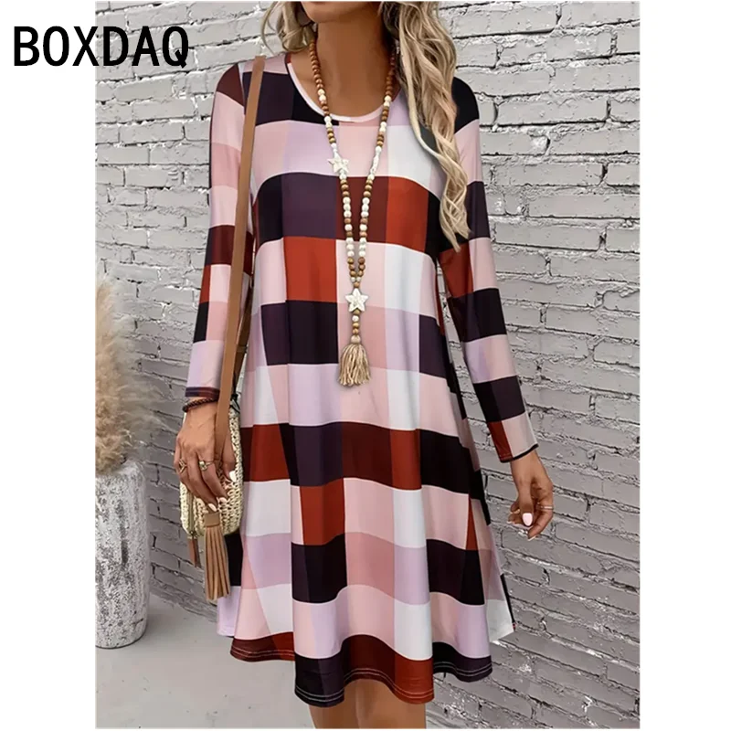 3D Vintage Striper Gradient Printed Dress Women Autumn Long Sleeve O-Neck Casual A-Line Dress Street Style Personalized Dress