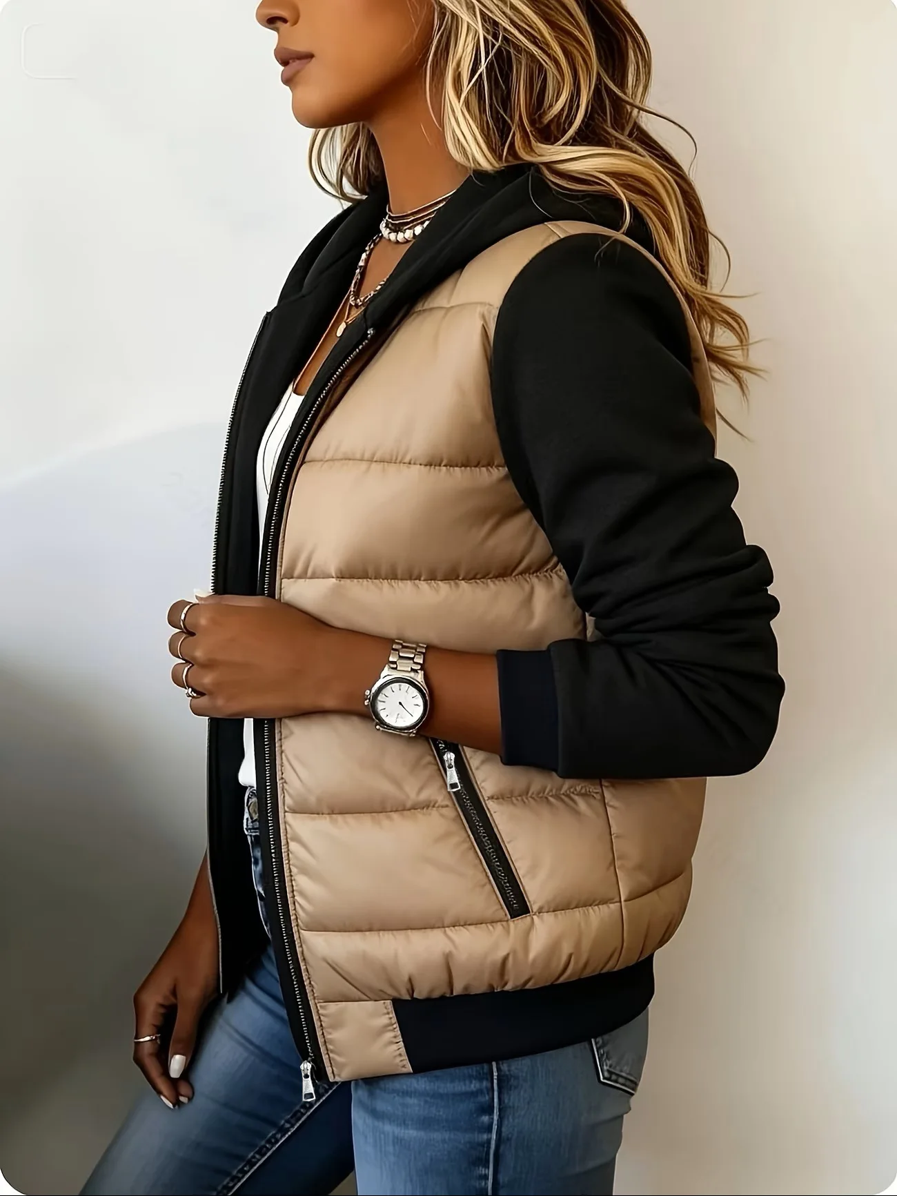 Women's Color Block Hooded Puffer Jacket -Quilted Zip Up Coat with Contrast Sweatshirt Sleeves, Casual Lightweight Winter Outer
