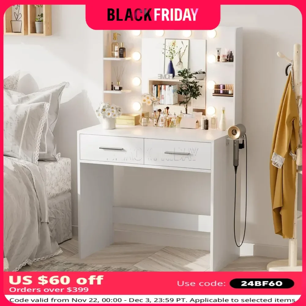 Dressing Table with Mirror and Lights Power Outlet, 2 Drawers, 6 Storage Shelves Hairdryer Holder, Vanity Desk