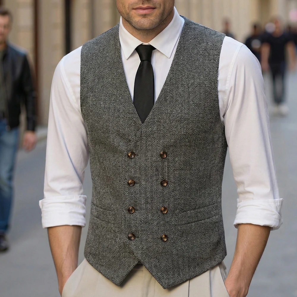 

В НАЛИЧИИ Мужской жилет в клетку «ёлочка», двубортный, с V-образным вырезом, приталенный, для свадьбы, жениха, делового стиля