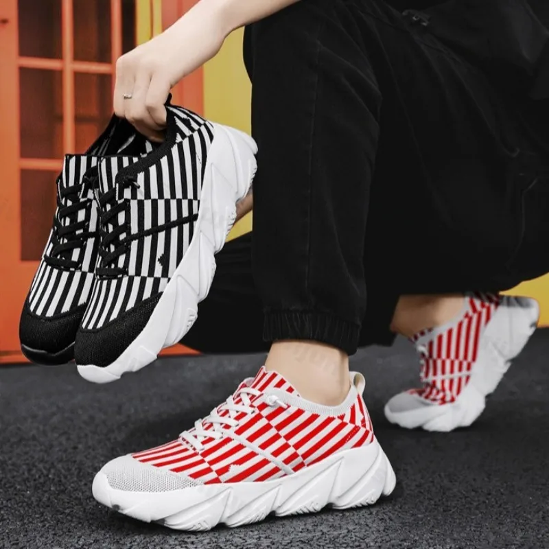 2025 Autumn New Men's Strip Design Fashion Casual Low Top Thick Sole Shoes Fly Weave Breathable Mesh Comfortable Chunky sneakers