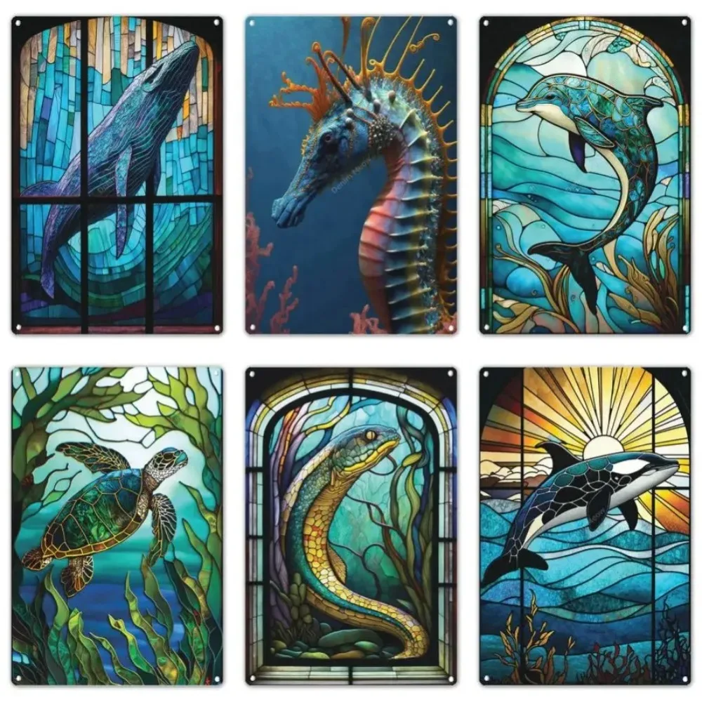 Metal Tin Sign Sea Life Wall Art Seahorse Shark Dolphin Whale Poster Home Bar Cafe Decor