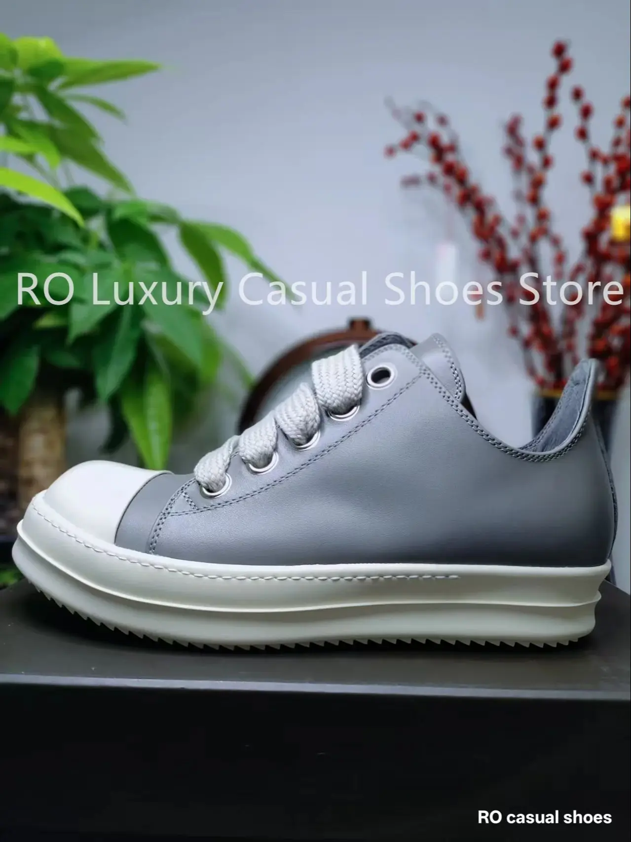 

R-o Luxury Men's Casual Shoes Trendy Jumbo Laces Gray Genuine Leather Women's Low-Top Sneakers Thick-Soled Quality Flat Sneaker