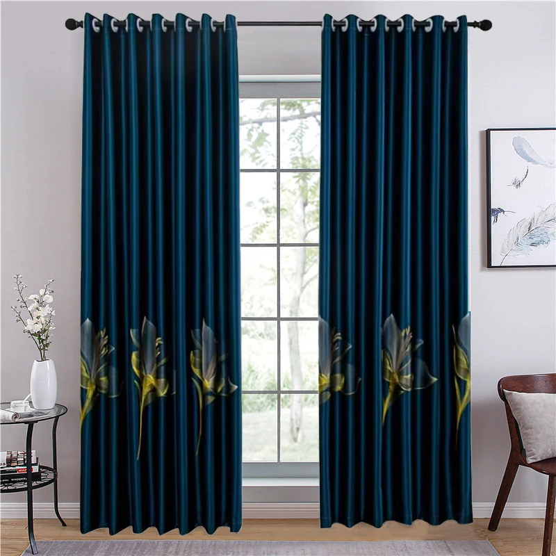 1PC Lily Flower Embroidered Curtain for Living Room Luxury Satin Blue Window Drape Block Out Bedroom Custom #E