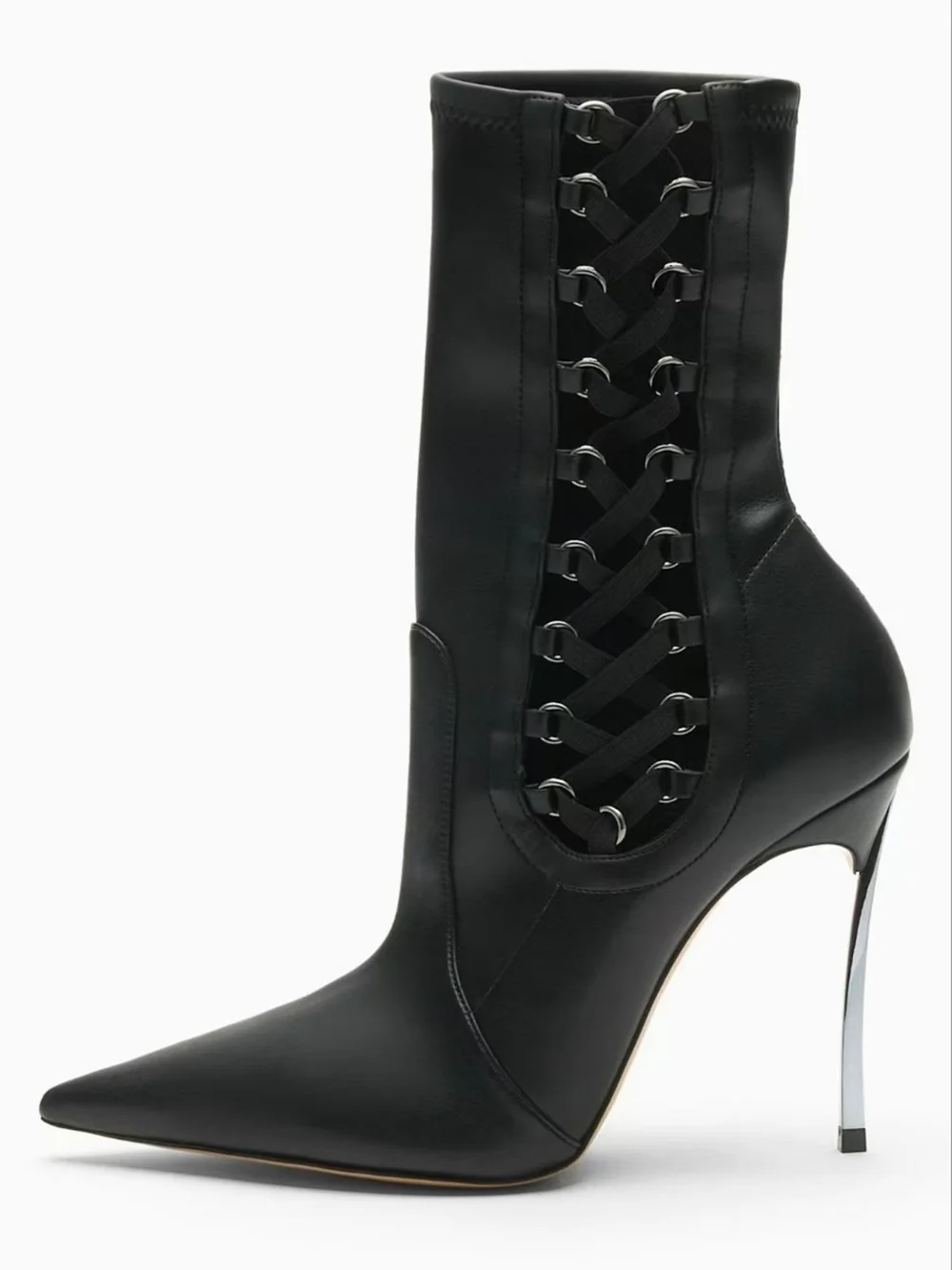 Fashion Black Faux Leather Ankle Boots Pointed Toe Back Crisscross Lace‑Up Design Metallic Thin Stiletto High Heel Short Boots
