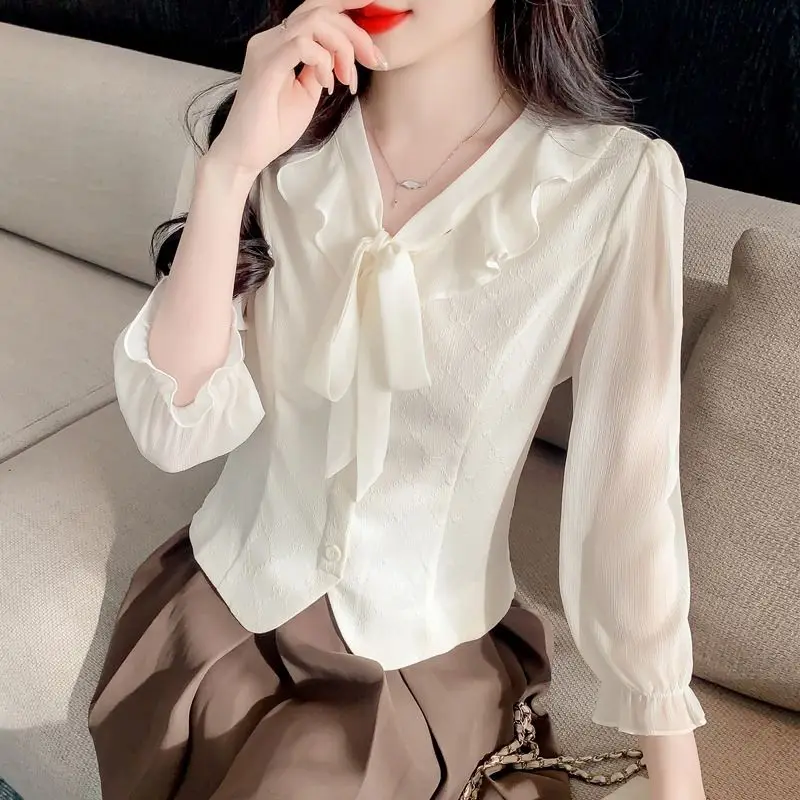 Women\'s Fashion Vintage Ruffles Lace Up Bow Shirt Elegant Chic Sweet Slim Blouse Casual Solid Long Sleeve Tops Blusas Para Dama