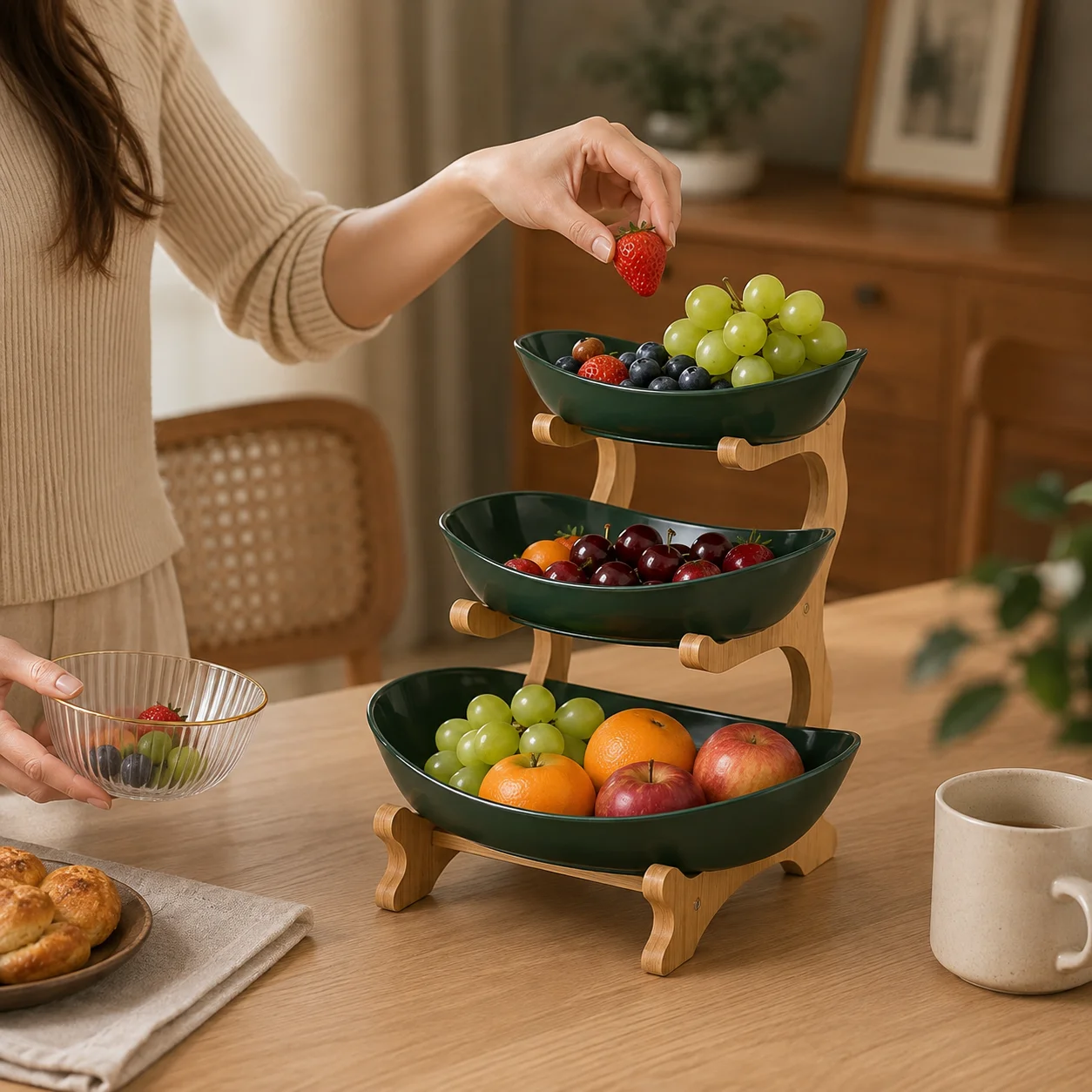 2/3-Tier Fruit Bowl with Stand, Plastic Fruit Basket with Bamboo Frame for Kitchen Countertop, Large Capacity Fruit Display Stand for Fruit, Snacks, Candy, Bread & Party, Gold Fork Included