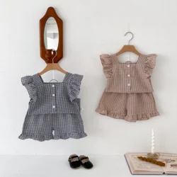 Korean Style Kids Outfit Baby Clothes Girls Summer Checkered Sleeveless Blouses + Shorts Two Piece Set 2-6yrs