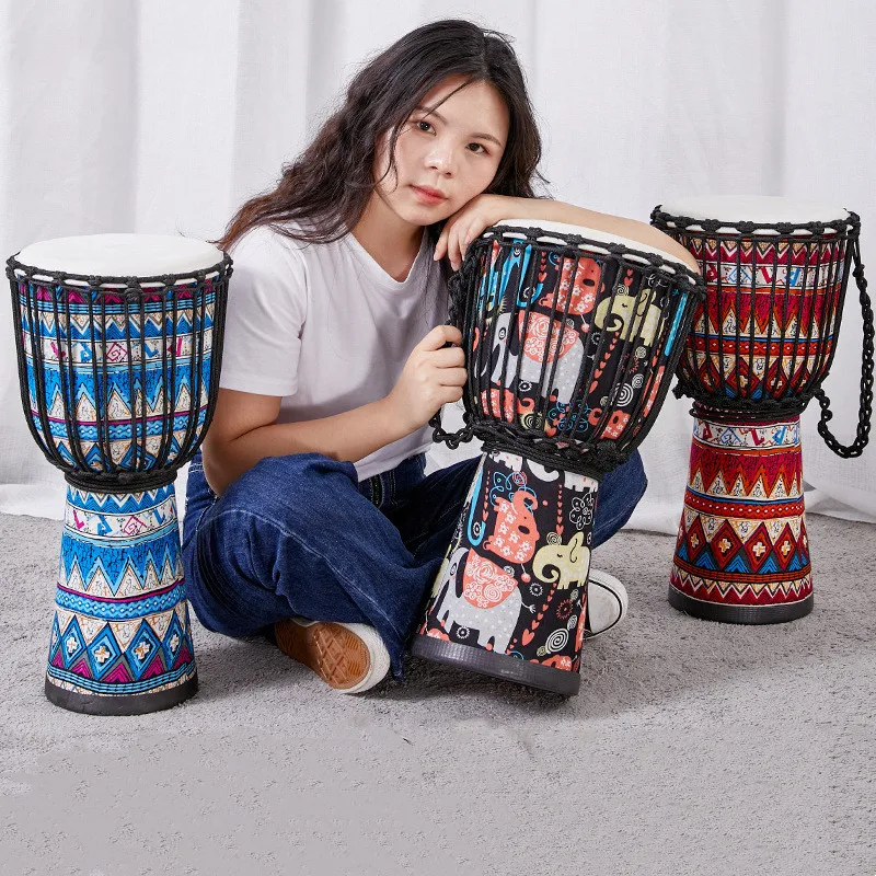 10 Inch African Goat Skin Covered Drum Hand Drum with Colorful Art Patterns Wooden Drum Body Djembe Percussion Instrument