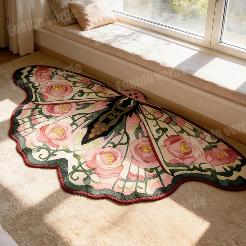 VIKAMA Retro Flower Moth Alien Plush Art Carpet Bedroom Bedside Mat Entrance Japanese Foot Mat