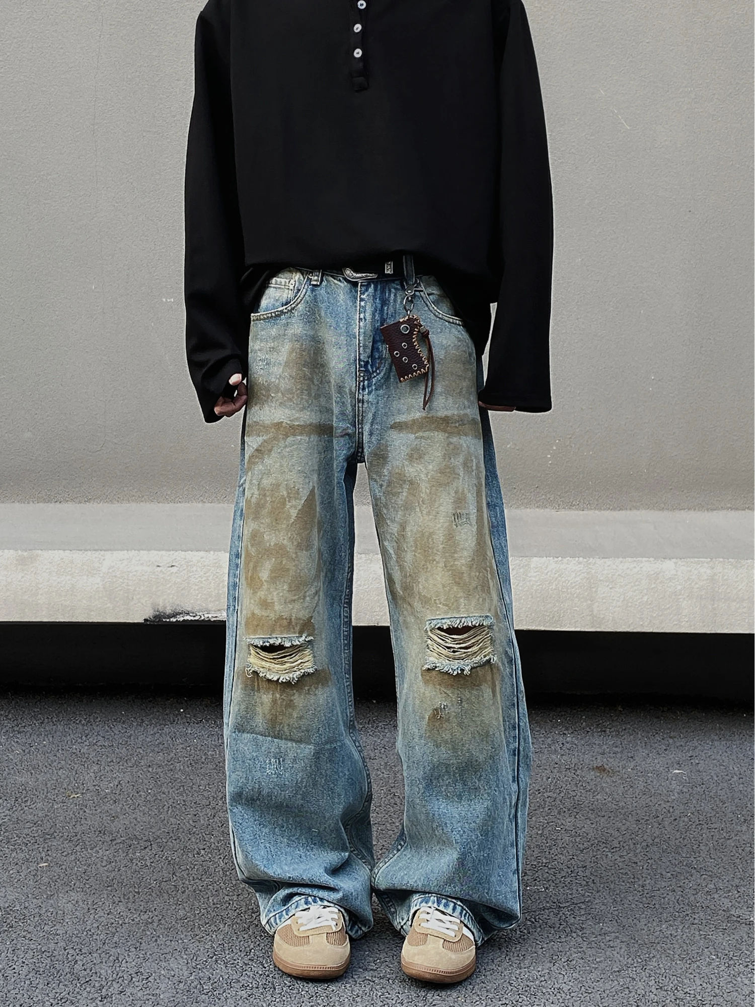 

American Retro fiti Dir Dyed Hole Denim Jeans Men Loose Straight High Waist Youth Casual Loose Wide Leg Pants